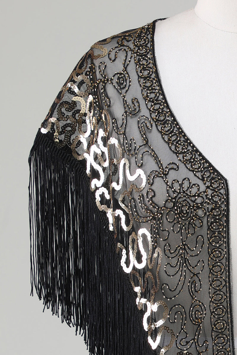 Load image into Gallery viewer, Black Sequins Glitter 1920s Cape with Fringes