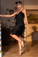 Load image into Gallery viewer, Sparkly Black Spaghetti Straps Roaring 20s Gatsby Flapper Dress