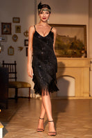 Load image into Gallery viewer, Sparkly Black Spaghetti Straps Roaring 20s Gatsby Flapper Dress