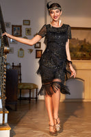 Load image into Gallery viewer, Roaring 20s Party Dress Black Beaded Gatsby Fringed Flapper Dress