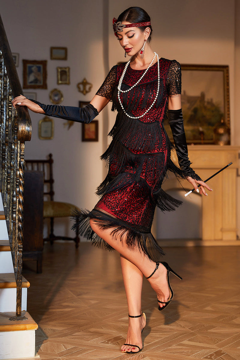 beaded fringe flapper dress ZAPAKA Women Black 1920s Dress Luxurious Sequined Beaded Fringe Vintage Dress, Black / L