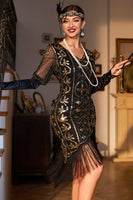 Load image into Gallery viewer, Sparkly Black Golden V-Neck Sequin Fringed Flapper Gatsby Dress