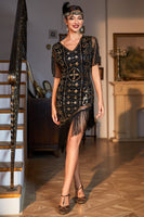 Load image into Gallery viewer, Sparkly Black Golden V-Neck Sequin Fringed Flapper Gatsby Dress