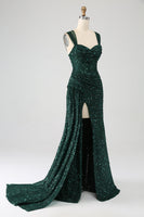 Load image into Gallery viewer, Dark Green Sheath Sparkly Sequin Pleated Long Prom Dress With Thigh Split