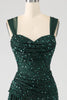 Load image into Gallery viewer, Dark Green Sheath Sparkly Sequin Pleated Long Prom Dress With Thigh Split