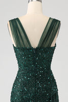 Load image into Gallery viewer, Dark Green Sheath Sparkly Sequin Pleated Long Prom Dress With Thigh Split