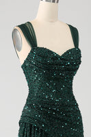 Load image into Gallery viewer, Dark Green Sheath Sparkly Sequin Pleated Long Prom Dress With Thigh Split