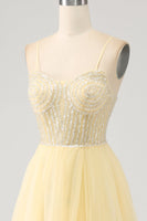 Load image into Gallery viewer, Tulle Beaded Light Yellow Prom Dress with Slit