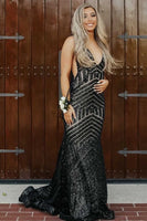 Load image into Gallery viewer, Sparkly Champagne Deep V Neck Sequin Mermaid Prom Dress