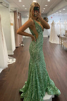 Load image into Gallery viewer, Dark Green Deep V Neck Sequin Mermaid Prom Dress