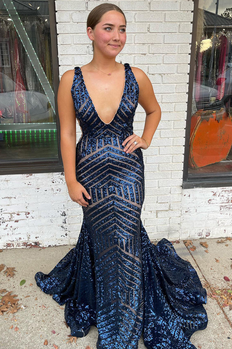 Load image into Gallery viewer, Fuchsia Deep V Neck Sequin Mermaid Prom Dress