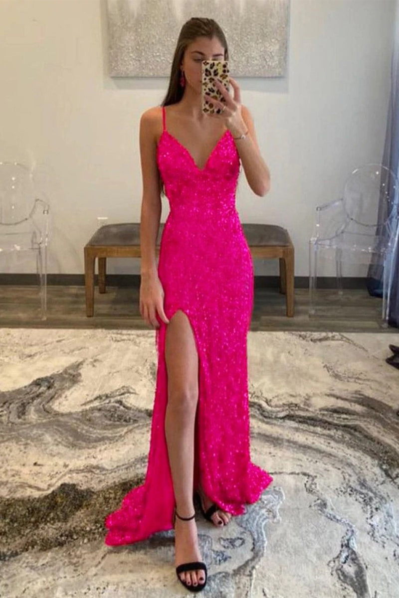 Load image into Gallery viewer, Hot Pink Sequins Glitter Prom Dress with Slit