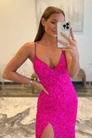 Load image into Gallery viewer, Hot Pink Sequins Glitter Prom Dress with Slit