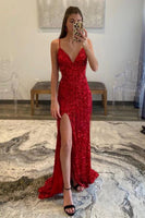 Load image into Gallery viewer, Hot Pink Sequins Glitter Prom Dress with Slit