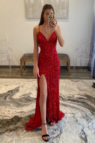 Red Sequins Glitter Prom Dress with Slit