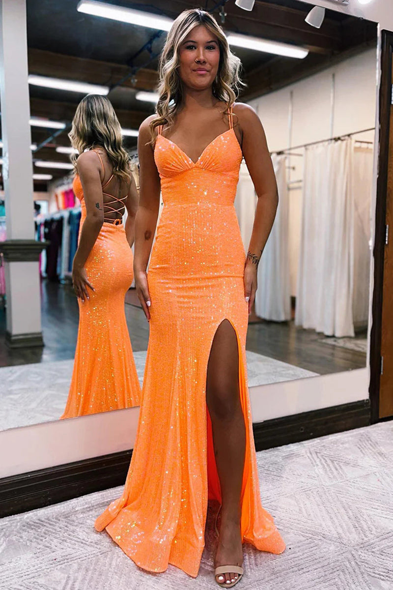 Load image into Gallery viewer, Sparkly Orange Sequins Mermaid Prom Dress