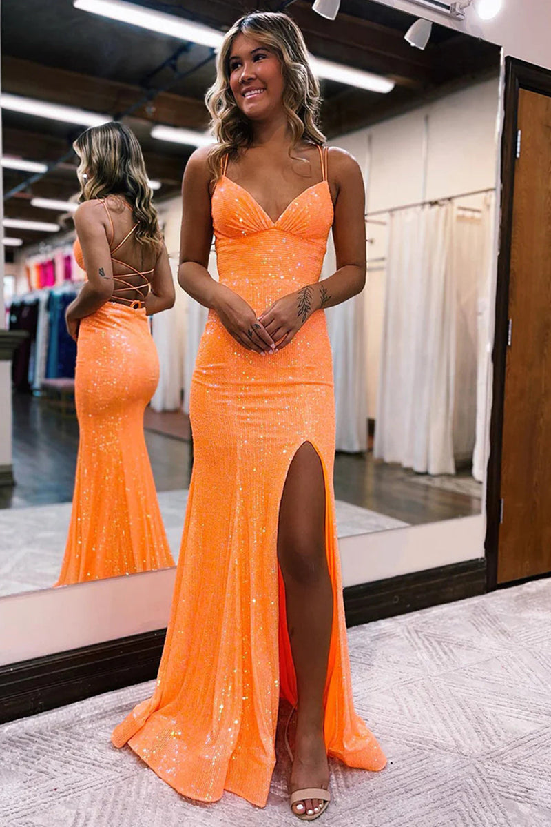 Load image into Gallery viewer, Sparkly Orange Sequins Mermaid Prom Dress