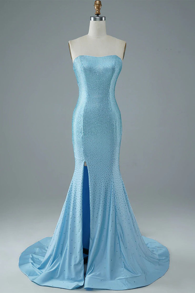 Load image into Gallery viewer, Blue Strapless Mermaid Prom Dress