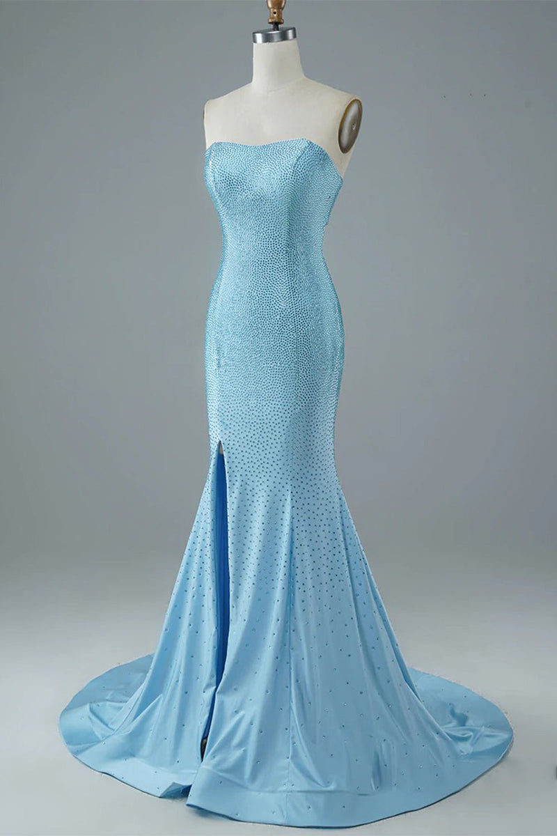Load image into Gallery viewer, Blue Strapless Mermaid Prom Dress