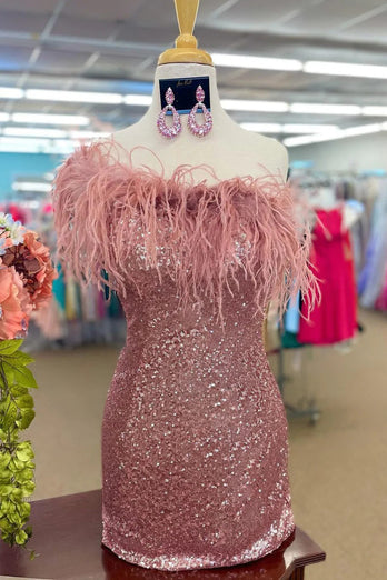 Sheath One Shoulder Light Blue Sequins Homecoming Dress with Feather