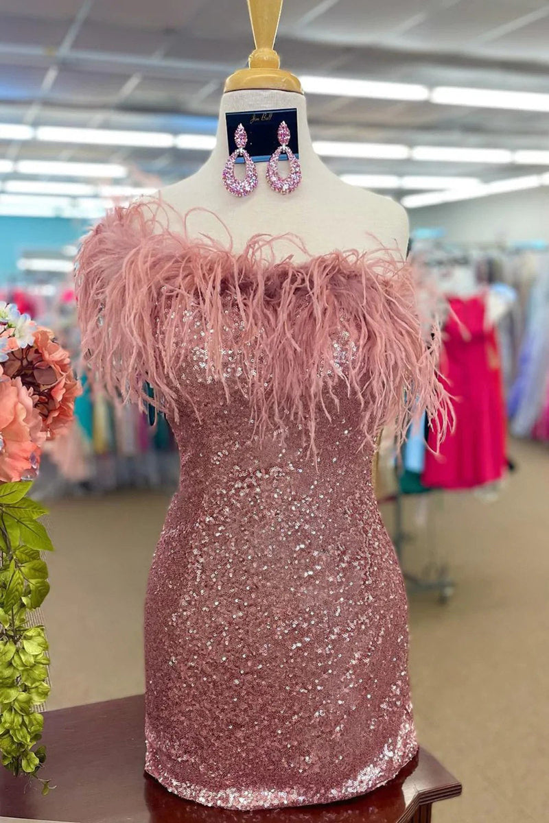Load image into Gallery viewer, Sheath One Shoulder Light Blue Sequins Homecoming Dress with Feather