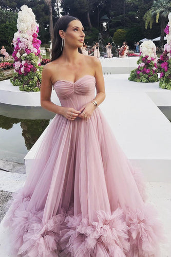 Pink Corset Sweetheart Long Prom Dress with Ruffles