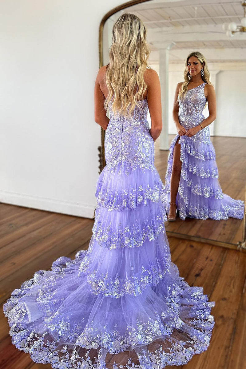 Load image into Gallery viewer, Sparkly Black One Shoulder Tiered Lace Long Prom Dress with Slit