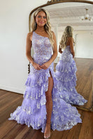 Load image into Gallery viewer, Sparkly White One Shoulder Tiered Lace Long Prom Dress with Slit