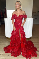Load image into Gallery viewer, Red Off The Shoulder Tiered Prom Dress