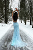 Load image into Gallery viewer, Blue Mermaid Tulle Backless Long Prom Dress with Lace