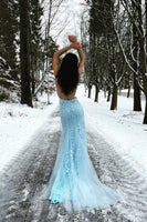 Load image into Gallery viewer, Blue Mermaid Tulle Backless Long Prom Dress with Lace