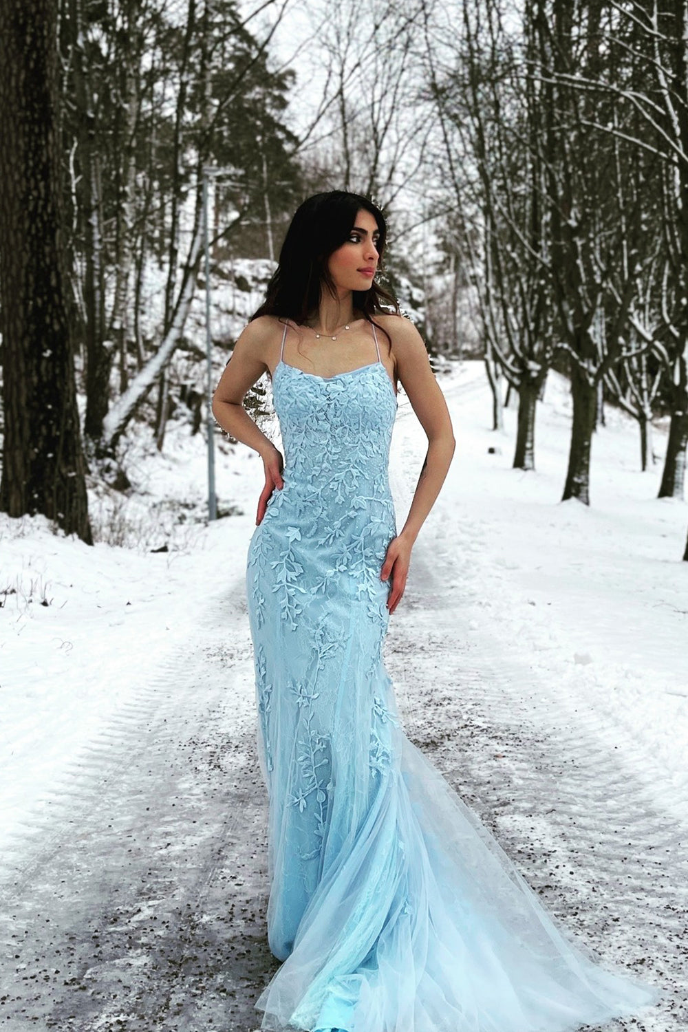 Blue Mermaid Tulle Backless Long Prom Dress with Lace