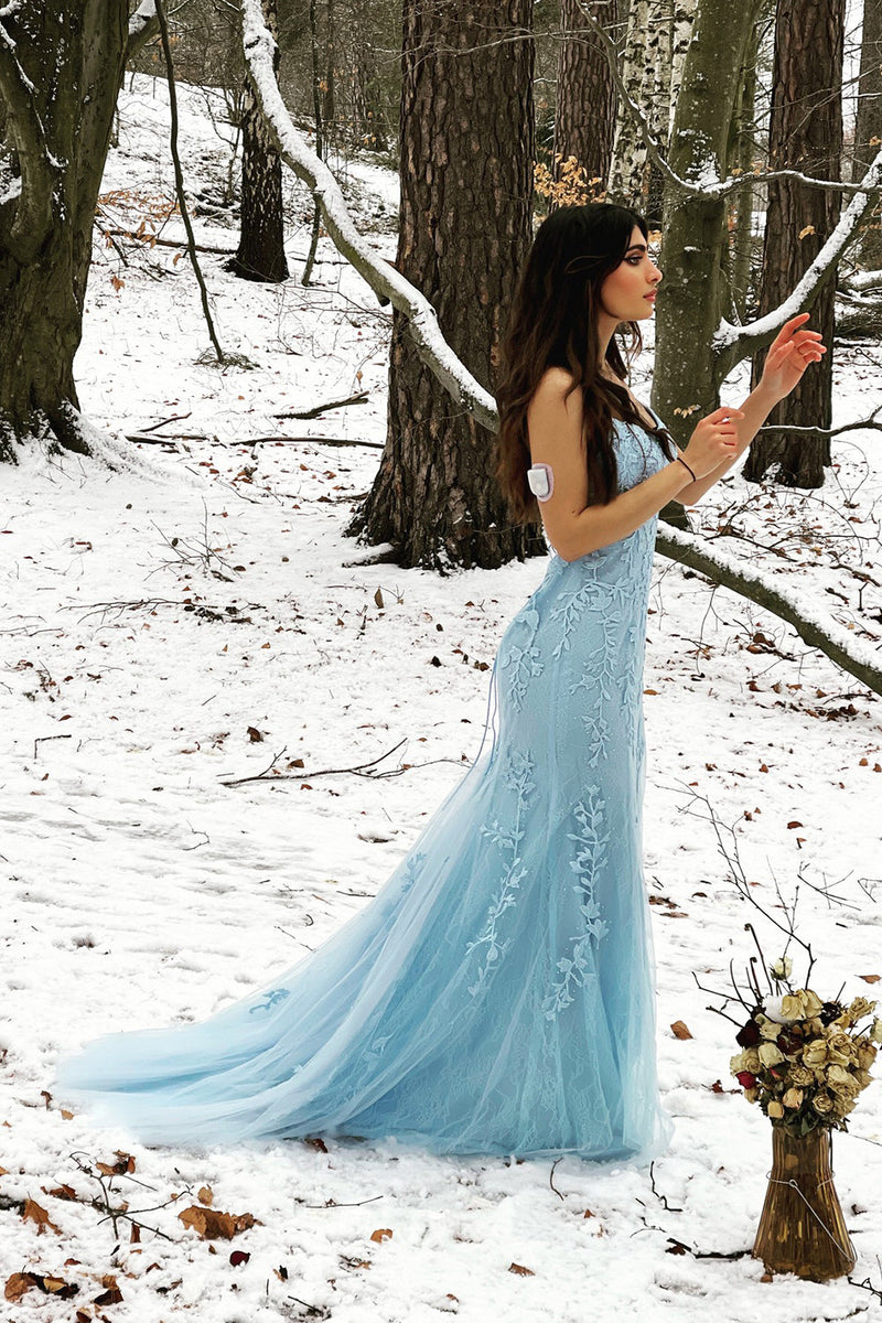 Load image into Gallery viewer, Blue Mermaid Tulle Backless Long Prom Dress with Lace