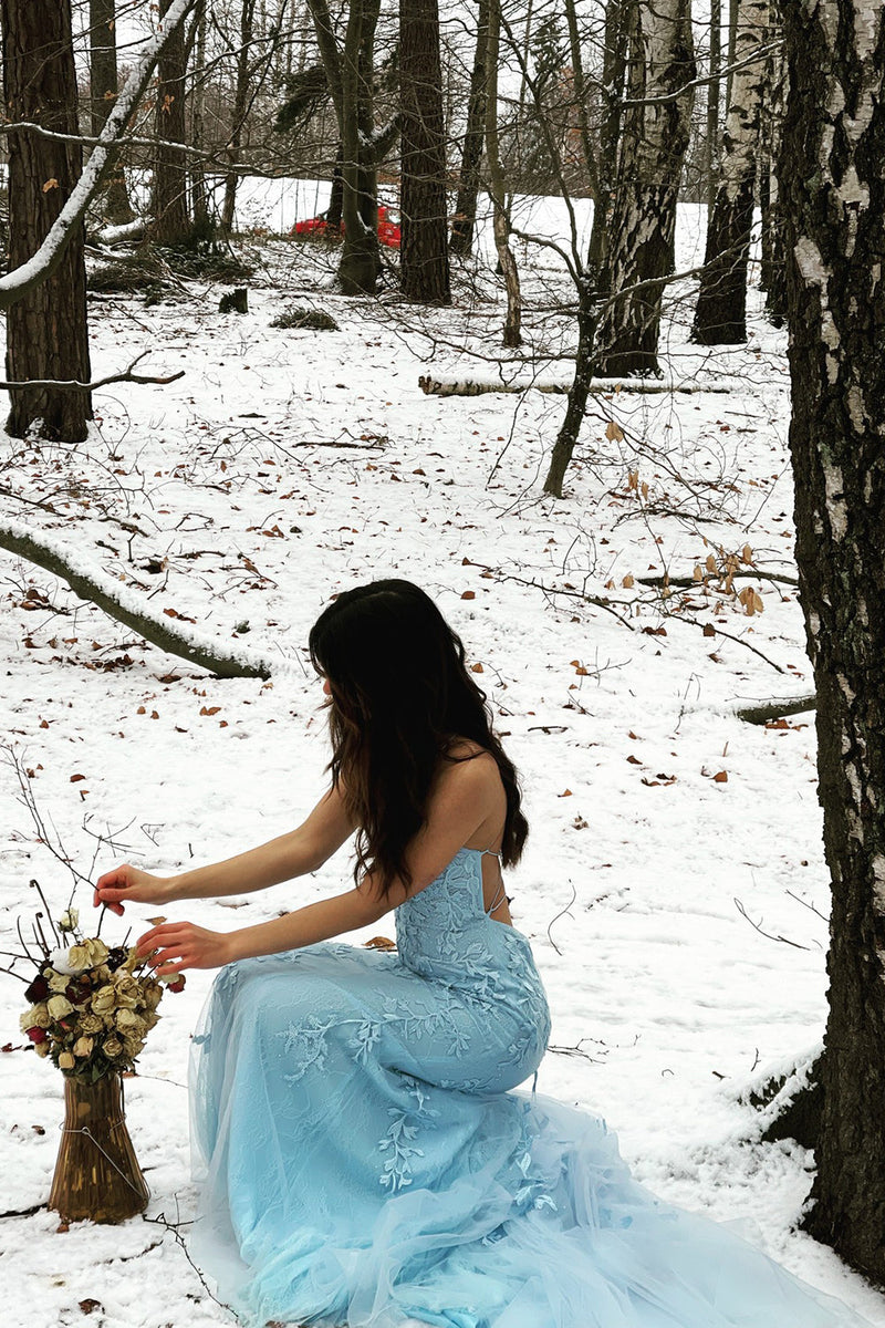Load image into Gallery viewer, Blue Mermaid Tulle Backless Long Prom Dress with Lace