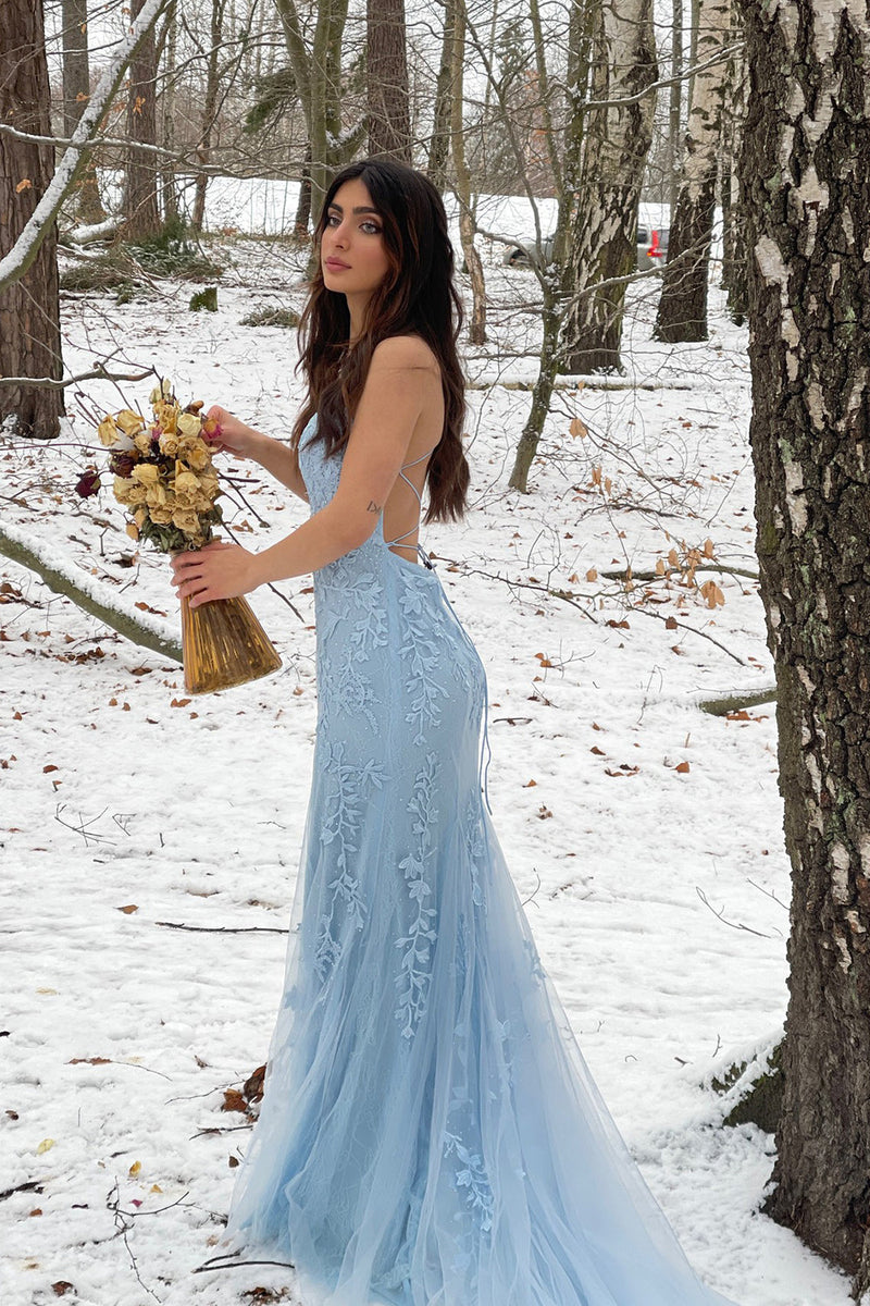 Load image into Gallery viewer, Blue Mermaid Tulle Backless Long Prom Dress with Lace