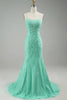Load image into Gallery viewer, Mint Spaghetti Straps Appliques Mermaid Long Prom Dress