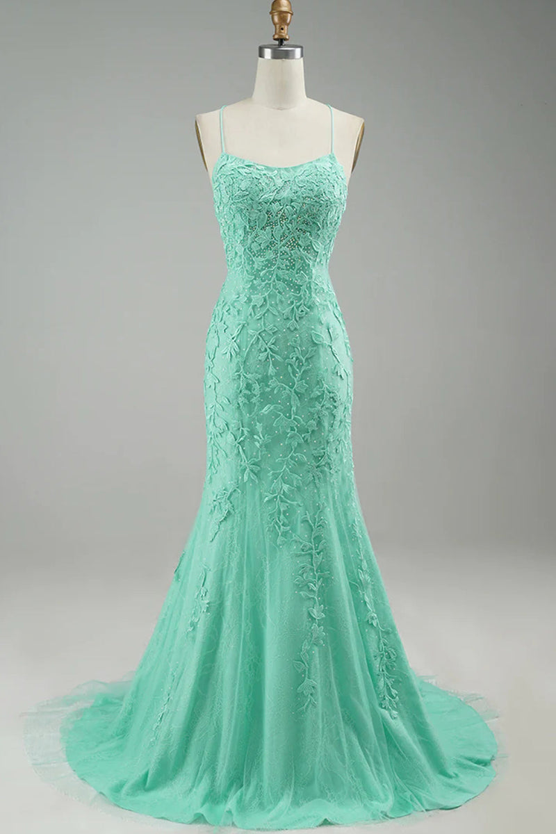 Load image into Gallery viewer, Mint Spaghetti Straps Appliques Mermaid Long Prom Dress