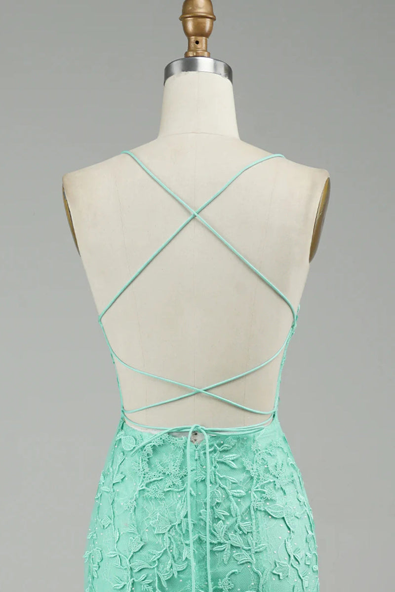 Load image into Gallery viewer, Blue Mermaid Tulle Backless Long Prom Dress with Lace