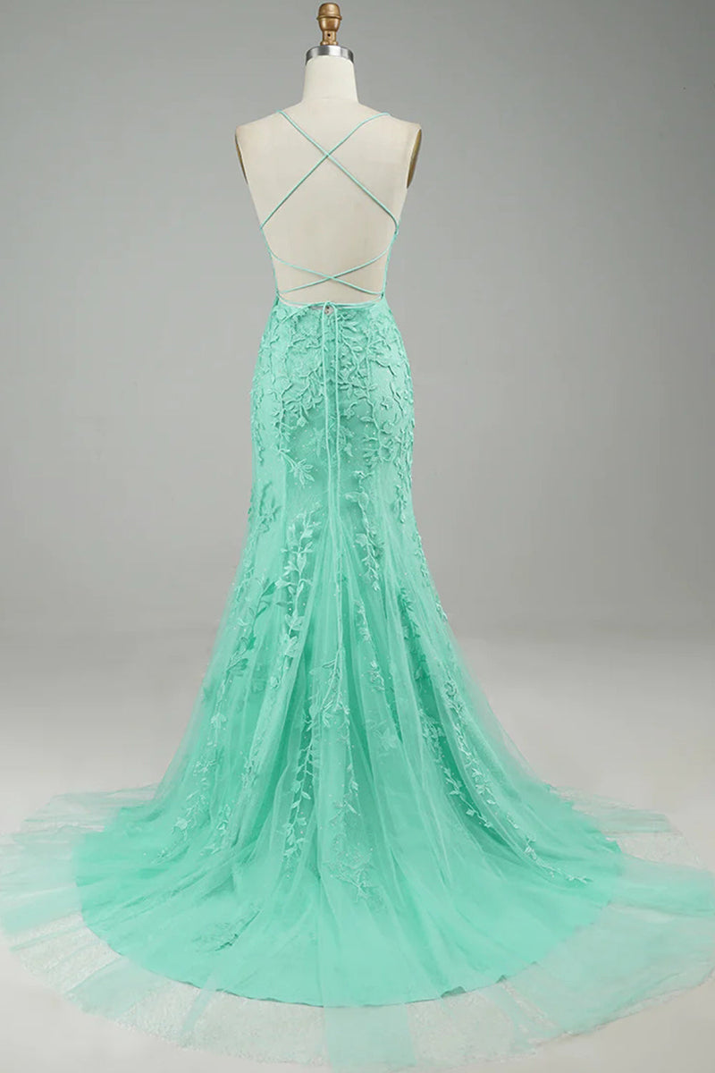 Load image into Gallery viewer, Mint Spaghetti Straps Appliques Mermaid Long Prom Dress