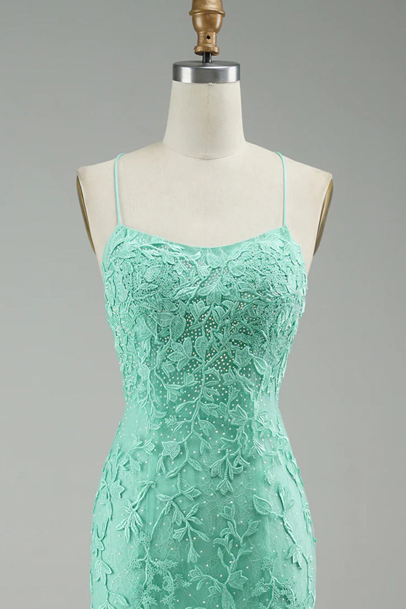 Load image into Gallery viewer, Mint Spaghetti Straps Appliques Mermaid Long Prom Dress