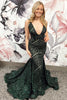 Load image into Gallery viewer, Dark Green Deep V Neck Sequin Mermaid Prom Dress