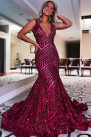 Load image into Gallery viewer, Fuchsia Deep V Neck Sequin Mermaid Prom Dress