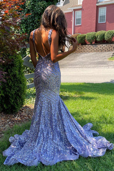 Light Purple Deep V Neck Sequin Mermaid Prom Dress