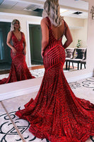 Load image into Gallery viewer, Fuchsia Deep V Neck Sequin Mermaid Prom Dress
