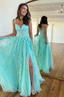 Load image into Gallery viewer, A Line Spaghetti Straps Navy Prom Dress with Appliques