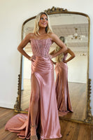 Load image into Gallery viewer, Sparkly Red Sheath Corset Long Prom Dress with Lace