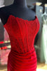 Load image into Gallery viewer, Sparkly Red Sheath Corset Long Prom Dress with Lace