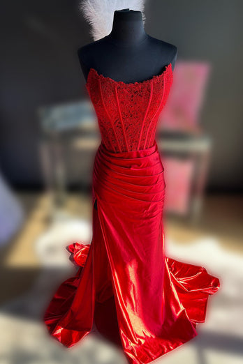 Sparkly Red Sheath Corset Long Prom Dress with Lace