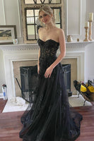 Load image into Gallery viewer, Black Corset A-Line Tulle Long Prom Dress with Lace