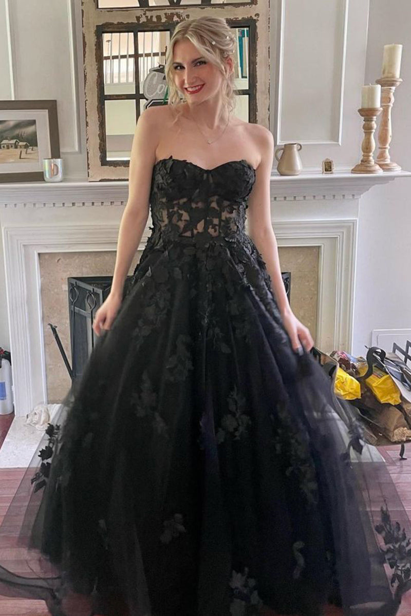 Load image into Gallery viewer, Black Corset A-Line Tulle Long Prom Dress with Lace